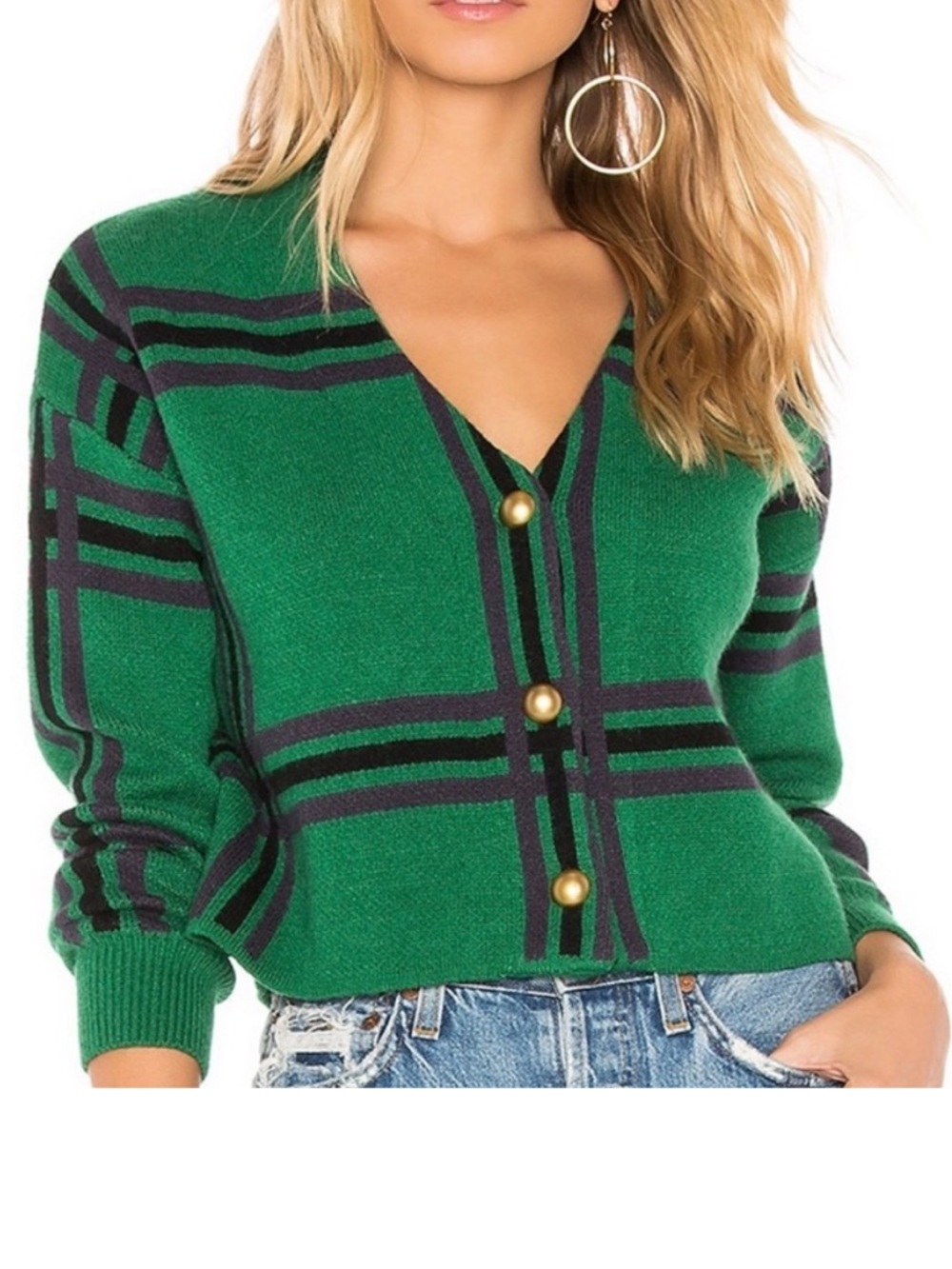 Tularosa Emerald Green Plaid V-Neck Button Cardigan with Navy Stripes